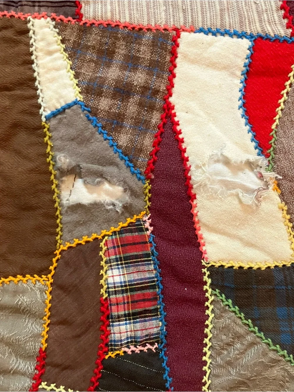 VTG Hand Pieced Embroidered Scrap Crazy 76 x 80 Quilt Farmhouse Primitive